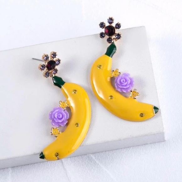 🍌 Awesome Colorful Rhinestone Floral Flower Large Banana Fruit Stud Earrings 🍌 - Picture 3 of 4